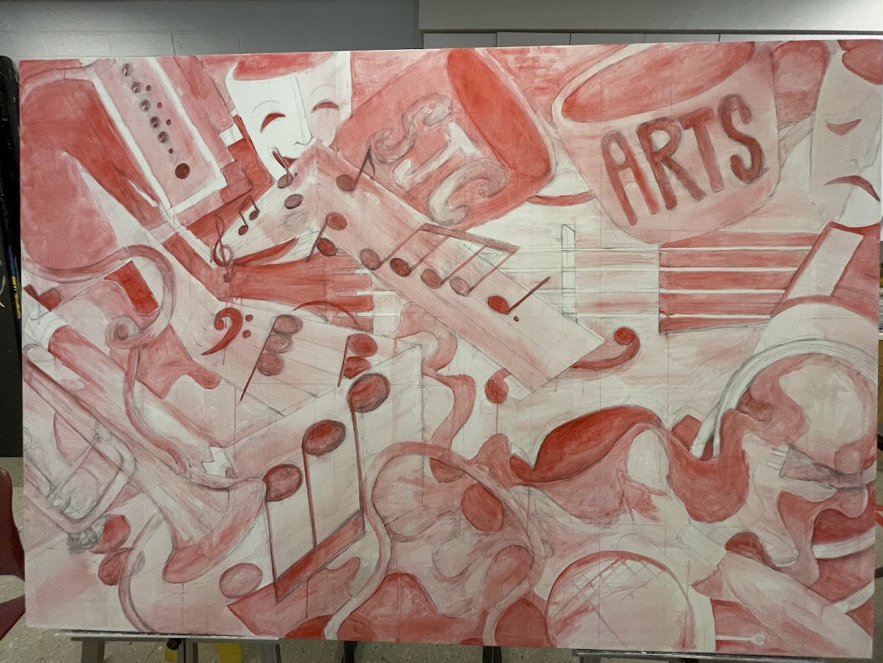 red and white underpainting on canvas