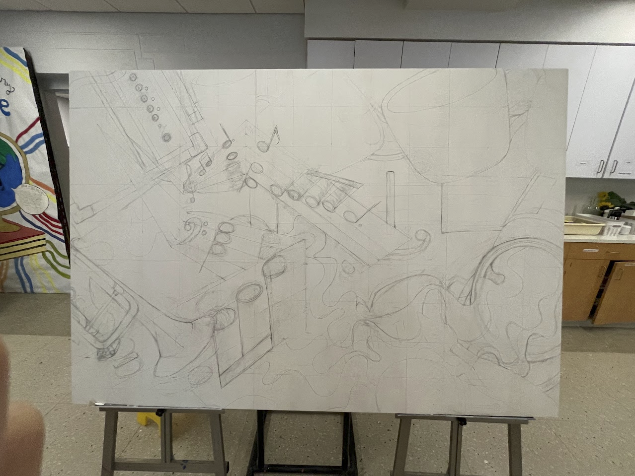 early sketching phase of mural, directly on canvas