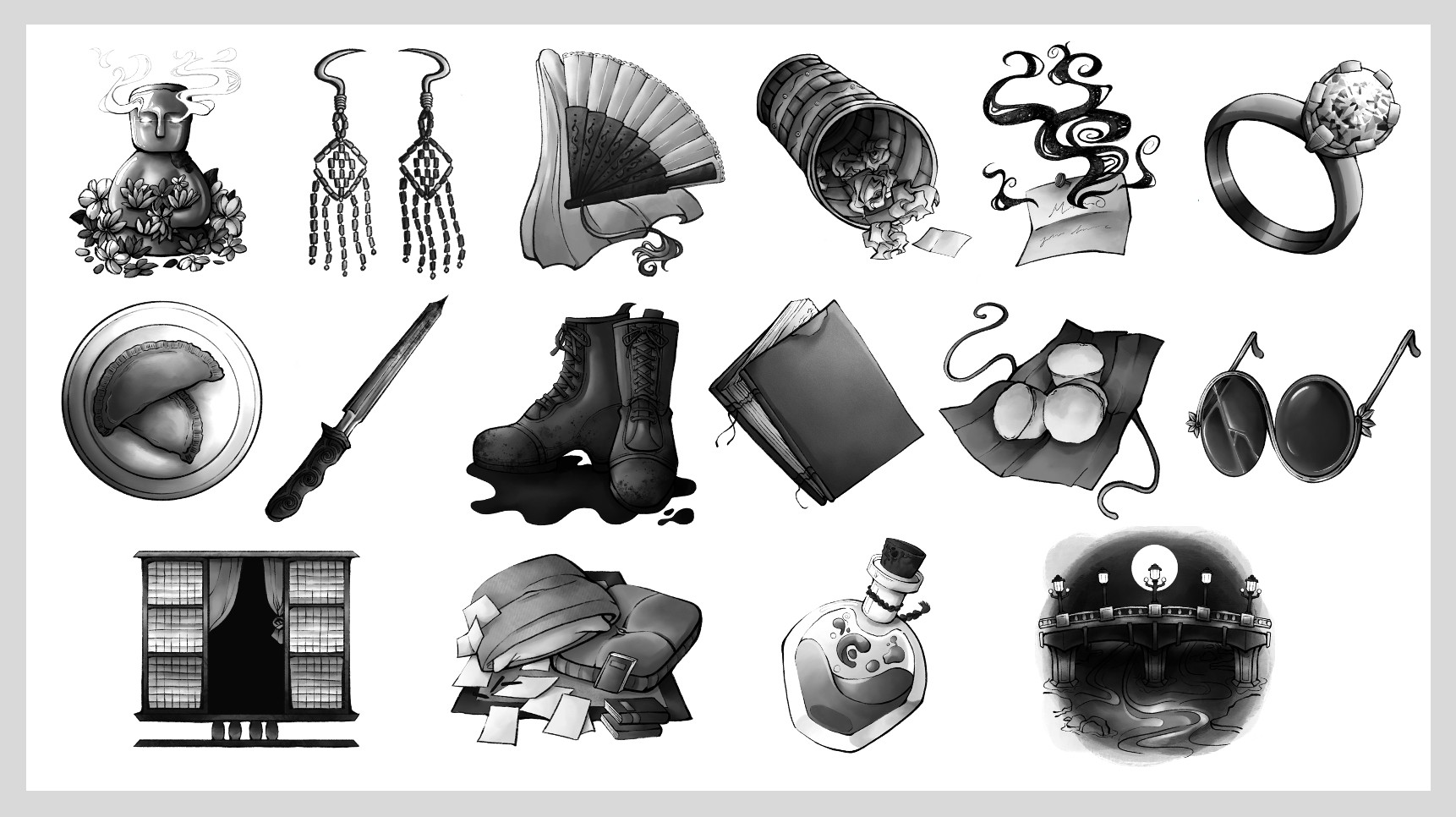 16 different illustrated objects, representing 16 chapters. Some images include a pair of muddy boots, an open window, and a wedding ring.
